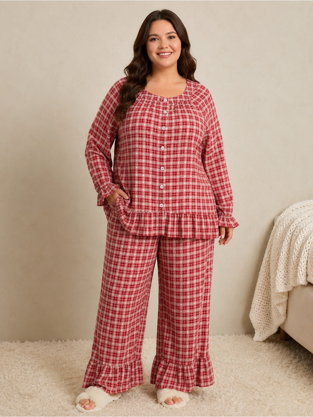 Bloomchic Gingham Print Ruffle Hem Co-Ord Pajama Set
